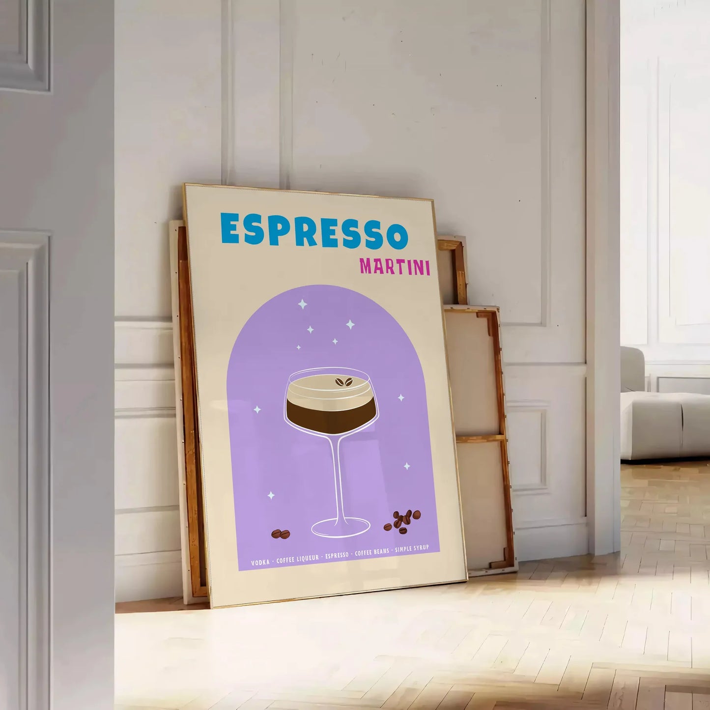 space expressive Espresso Martini poster vibrant blue purple hues stunning piece wall art print thoughtful gift cocktail lovers unique artwork sizes A4 cm A0