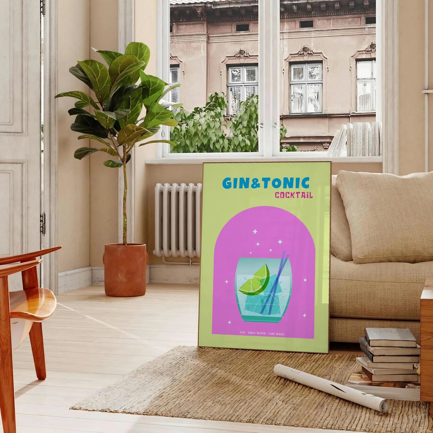 space vibrant gin tonic cocktail poster refreshing blend green blue hues wall art kitchen bar area eye print ideal gift various sizes A4 cm A0