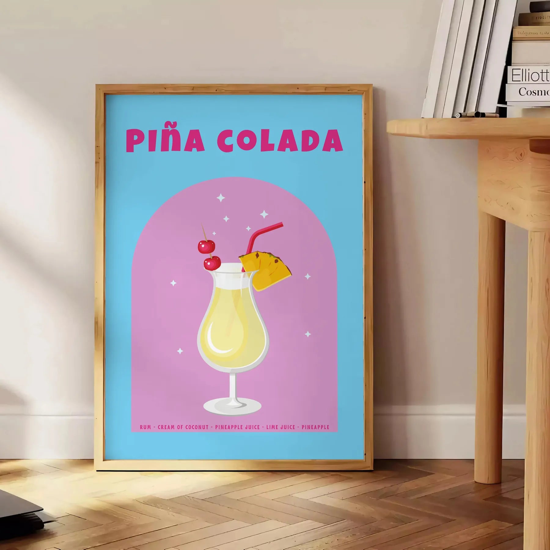 space captivating Piña Colada poster vibrant brown orange hues stunning wall art ideal gift cocktail enthusiasts lovers tropical vibe decor setting