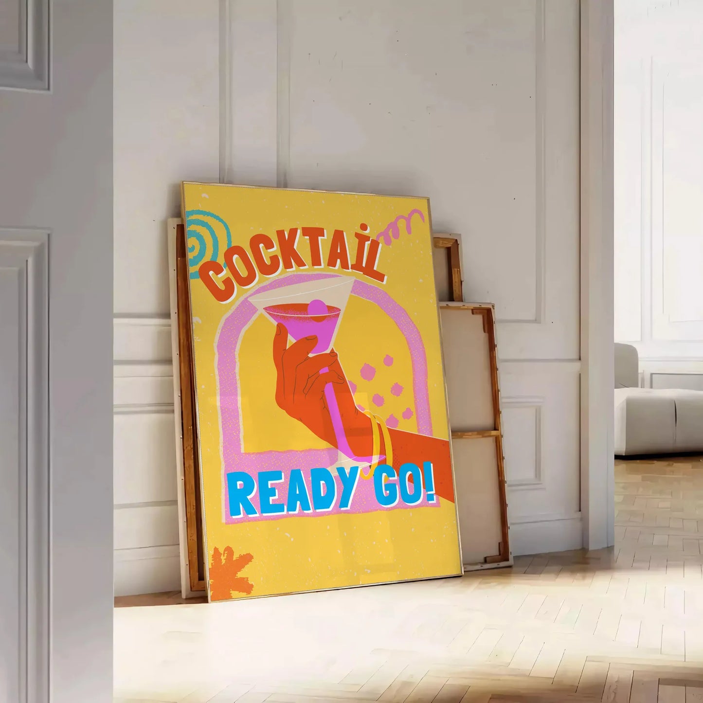 space vibrant cocktail poster orange blue hues wall art thoughtful gift artwork splash style setting sizes A4 cm A0