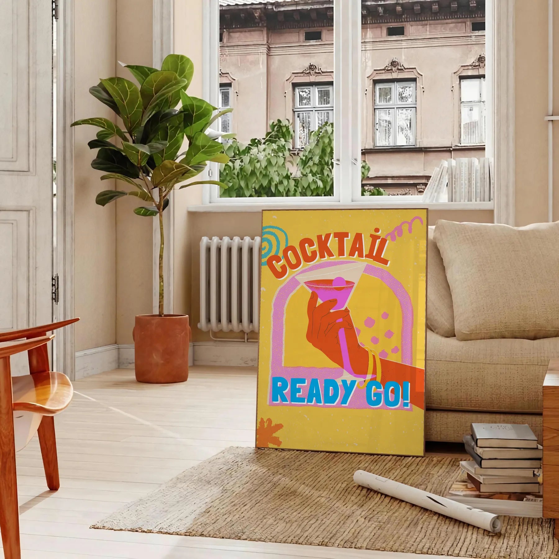 space vibrant cocktail poster orange blue hues wall art thoughtful gift artwork splash style setting sizes A4 cm A0