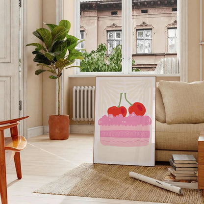 splash color kitchen delightful Cake Cherry poster vibrant green orange hues charming wall art perfect unique gift fresh addition decor standalone print space today