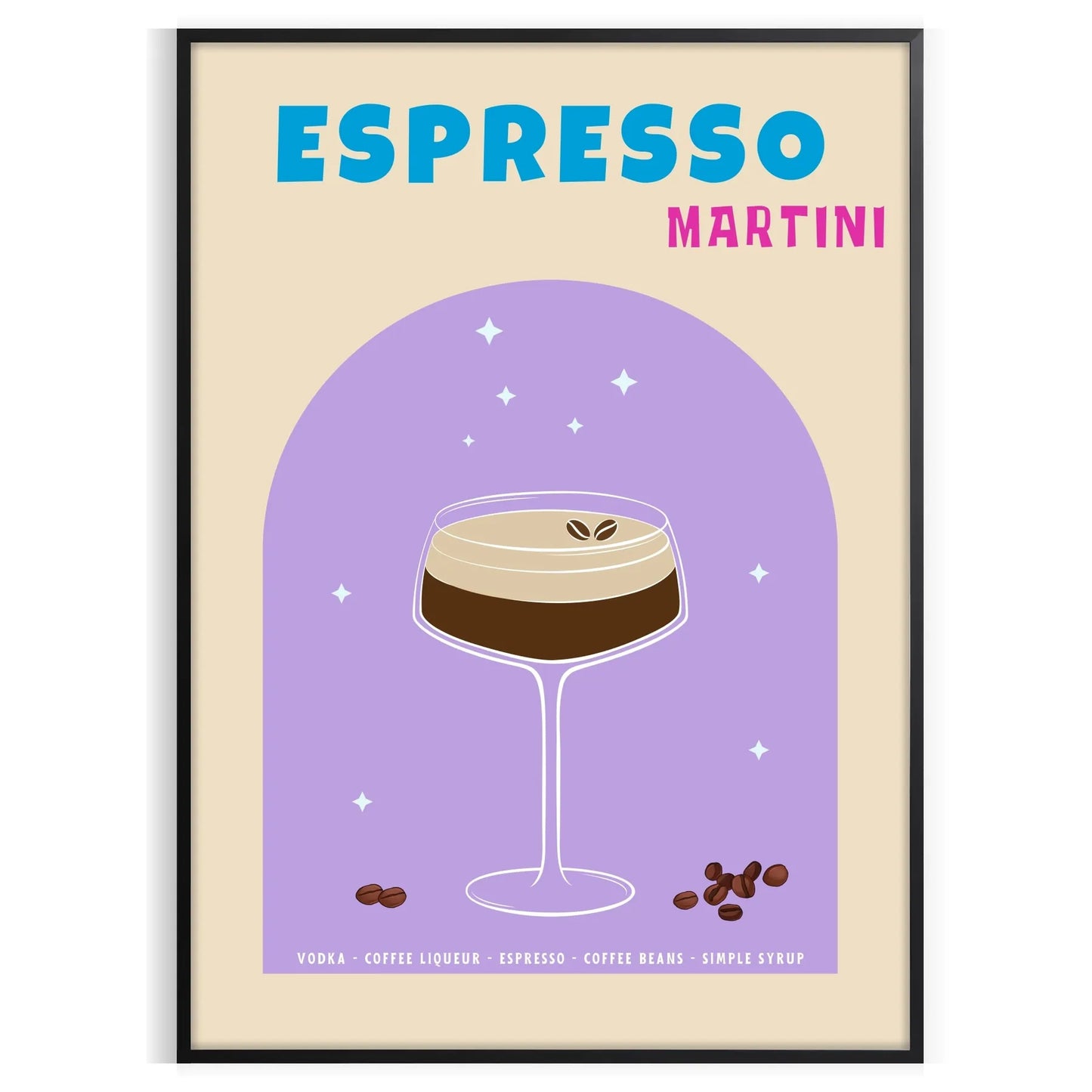 space expressive Espresso Martini poster vibrant blue purple hues stunning piece wall art print thoughtful gift cocktail lovers unique artwork sizes A4 cm A0