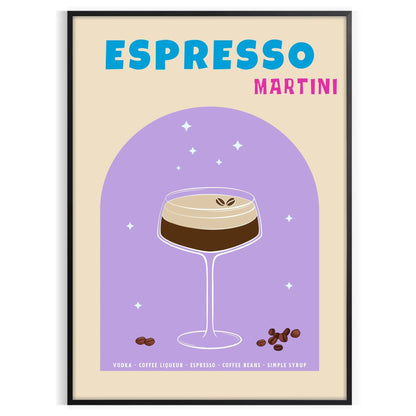 space expressive Espresso Martini poster vibrant blue purple hues stunning piece wall art print thoughtful gift cocktail lovers unique artwork sizes A4 cm A0