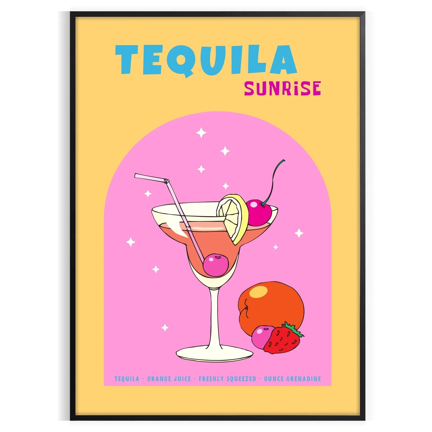 space vibrant Tequila Sunrise cocktail poster stunning blend yellow orange hues eye wall art perfect splash color room lovers unique gift idea options available