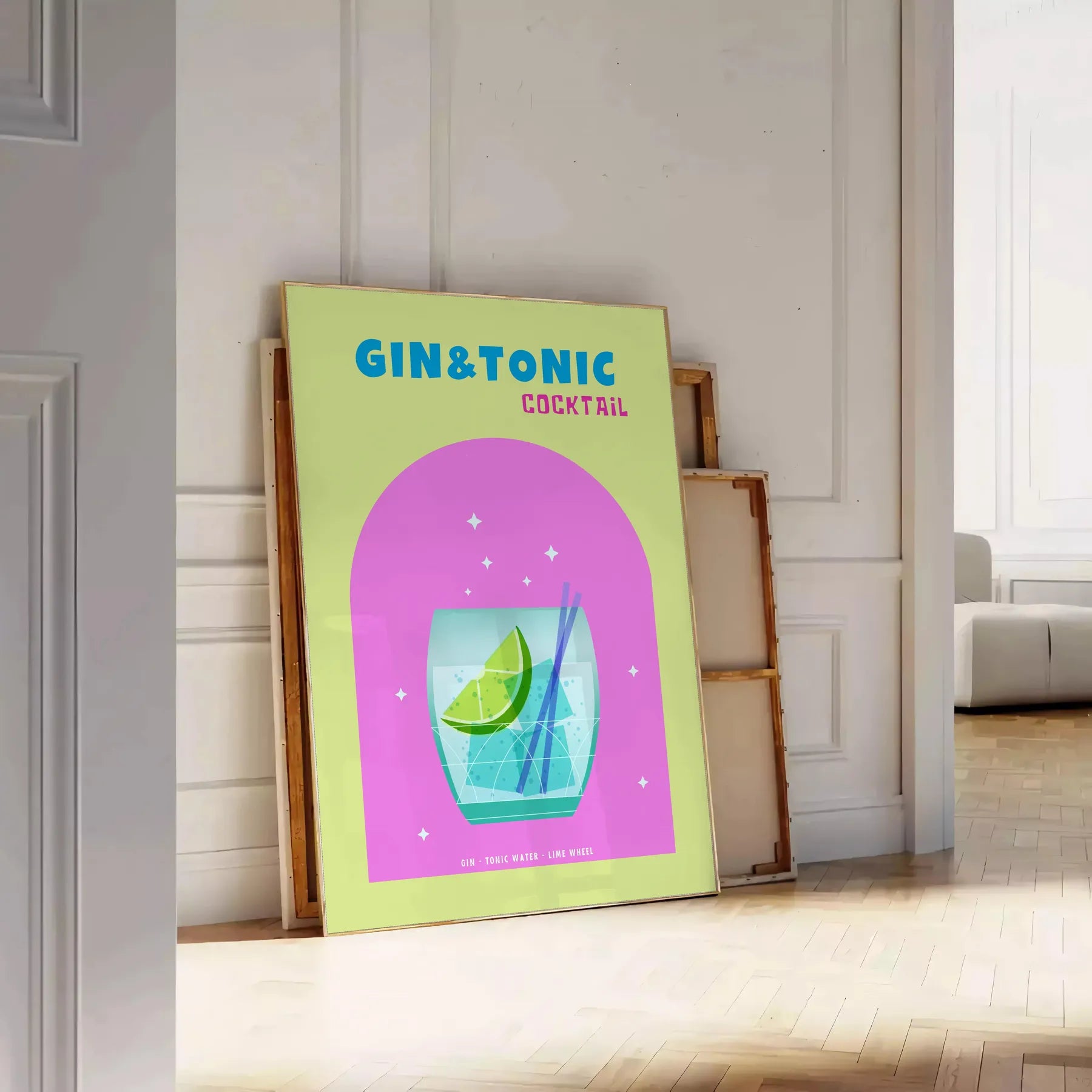 space vibrant gin tonic cocktail poster refreshing blend green blue hues wall art kitchen bar area eye print ideal gift various sizes A4 cm A0