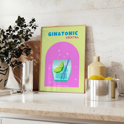 space vibrant gin tonic cocktail poster refreshing blend green blue hues wall art kitchen bar area eye print ideal gift various sizes A4 cm A0
