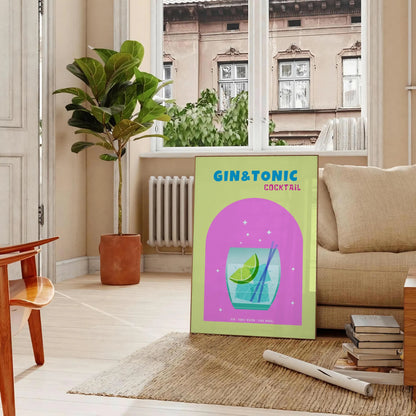 space vibrant gin tonic cocktail poster refreshing blend green blue hues wall art kitchen bar area eye print ideal gift various sizes A4 cm A0