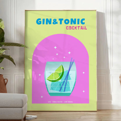 space vibrant gin tonic cocktail poster refreshing blend green blue hues wall art kitchen bar area eye print ideal gift various sizes A4 cm A0