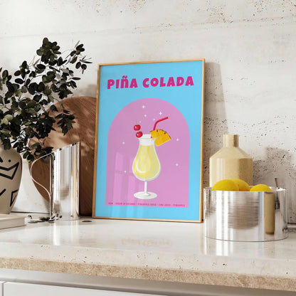 space captivating Piña Colada poster vibrant brown orange hues stunning wall art ideal gift cocktail enthusiasts lovers tropical vibe decor setting