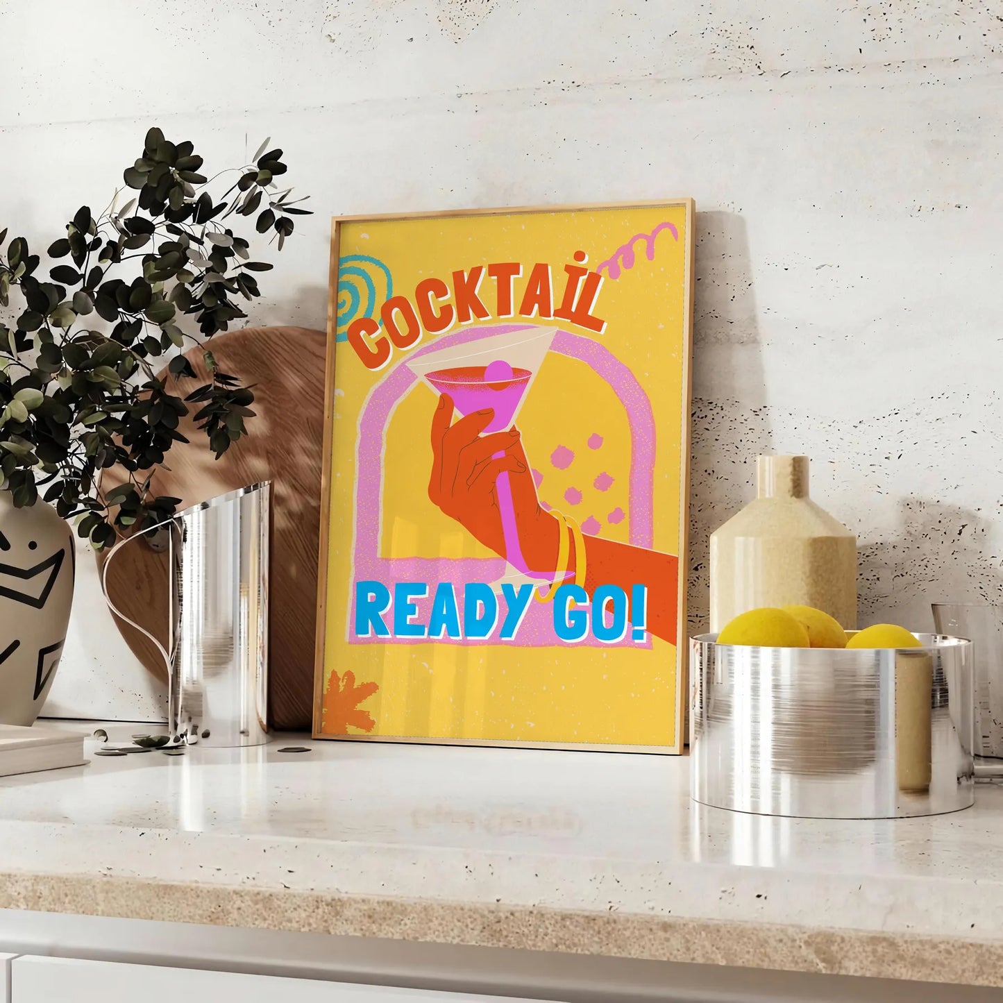 space vibrant cocktail poster orange blue hues wall art thoughtful gift artwork splash style setting sizes A4 cm A0