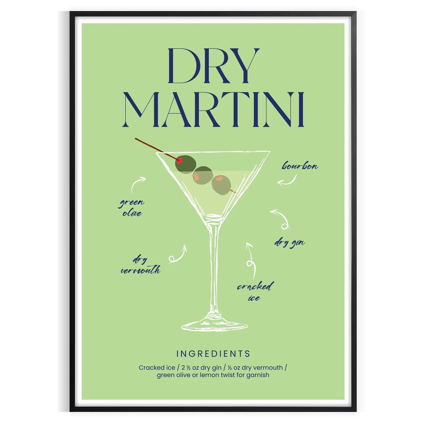 space stylish dry martini cocktail poster vibrant green blue hues wall art unique gift print splash elegance room lovers home décor enthusiasts sizes A4 A0