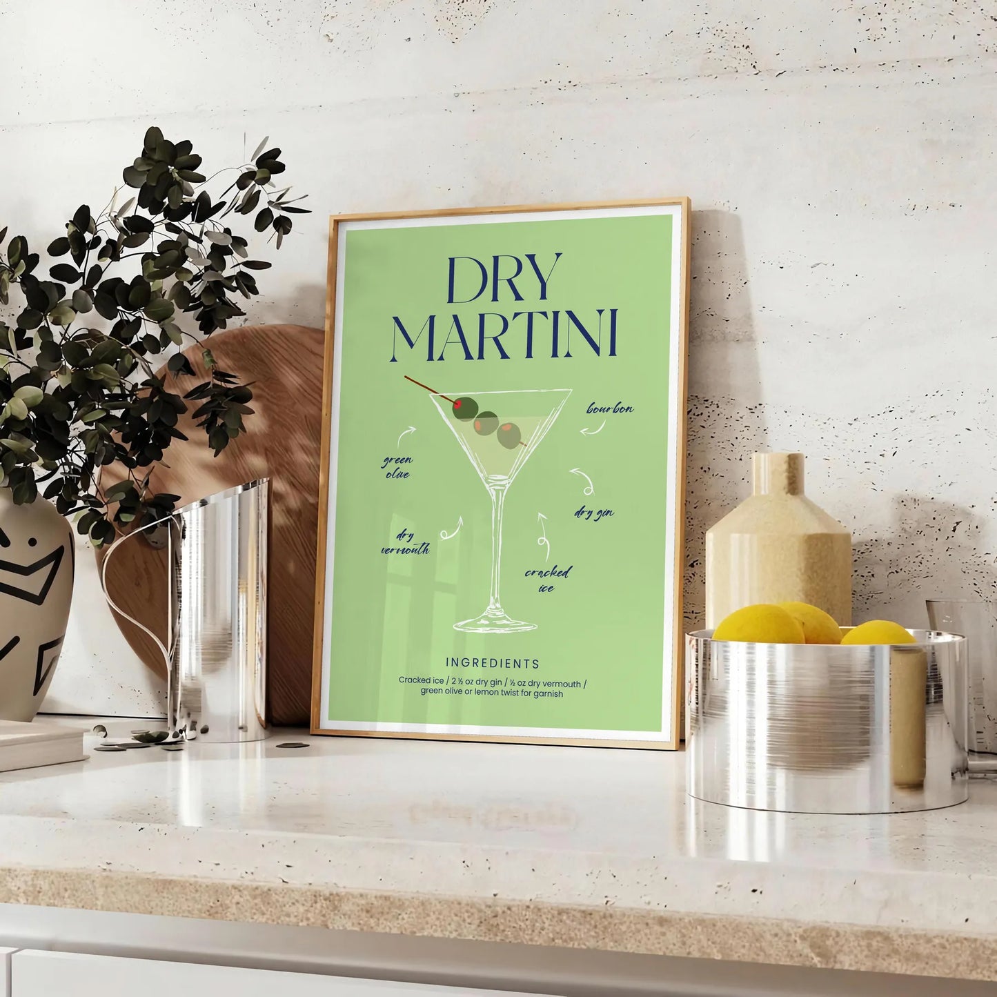 space stylish dry martini cocktail poster vibrant green blue hues wall art unique gift print splash elegance room lovers home décor enthusiasts sizes A4 A0