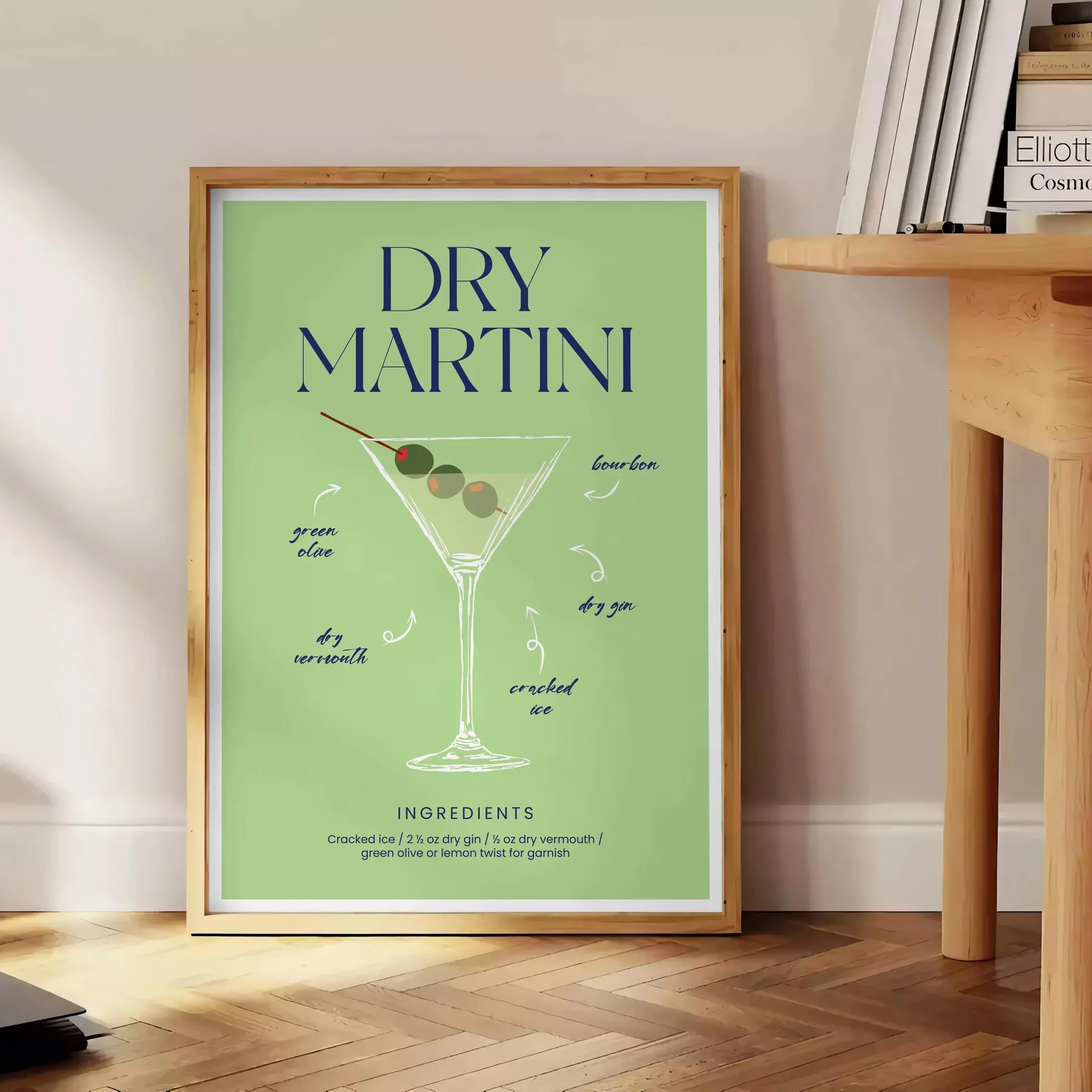 space stylish dry martini cocktail poster vibrant green blue hues wall art unique gift print splash elegance room lovers home décor enthusiasts sizes A4 A0
