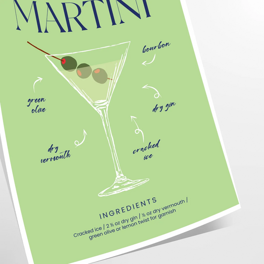 space stylish dry martini cocktail poster vibrant green blue hues wall art unique gift print splash elegance room lovers home décor enthusiasts sizes A4 A0